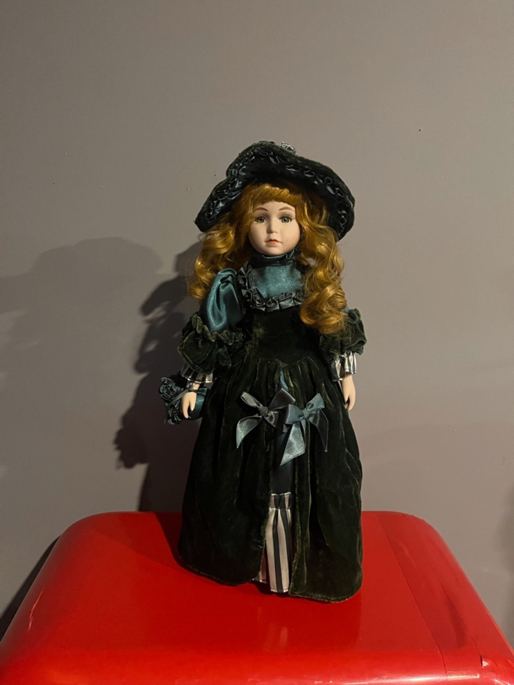 Porcelain Doll in Dark Green Velvet Dress - Classic Girls' Toy